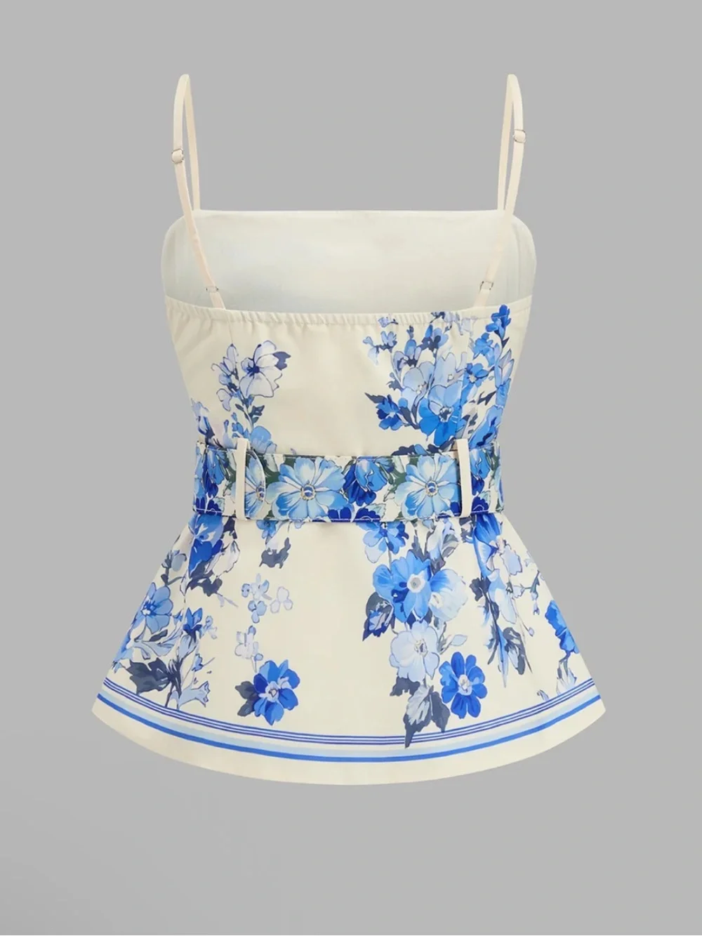 Commense Floral Belted Camisole & Wide-Leg Pants Set - Cream with Blue Floral M